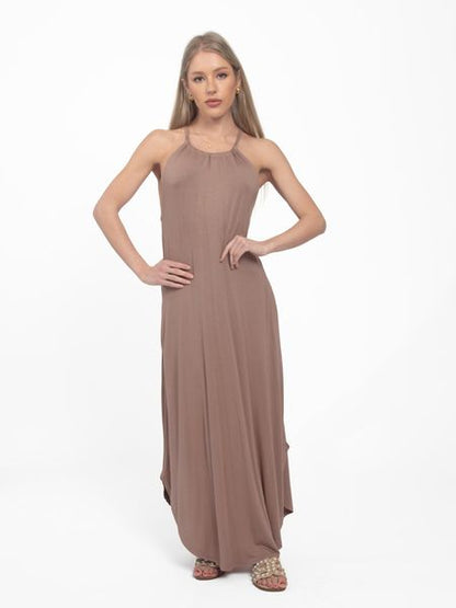 Brown Summer Halter Sleeveless Maxi Dress