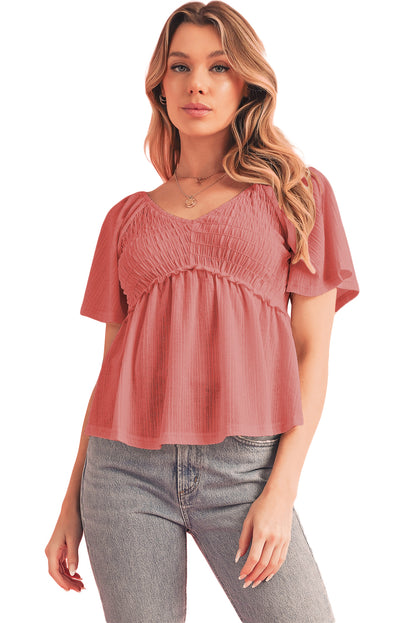 Oatmeal Shirred V Neck Short Flutter Sleeve Textured Blouse