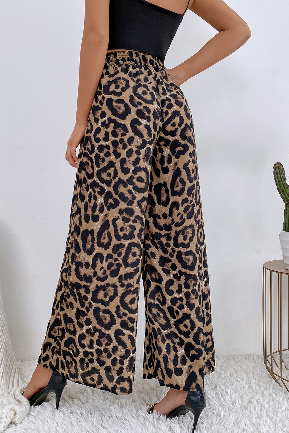 Pantalones Leh anchos de cintura alta de leopardo multicolor