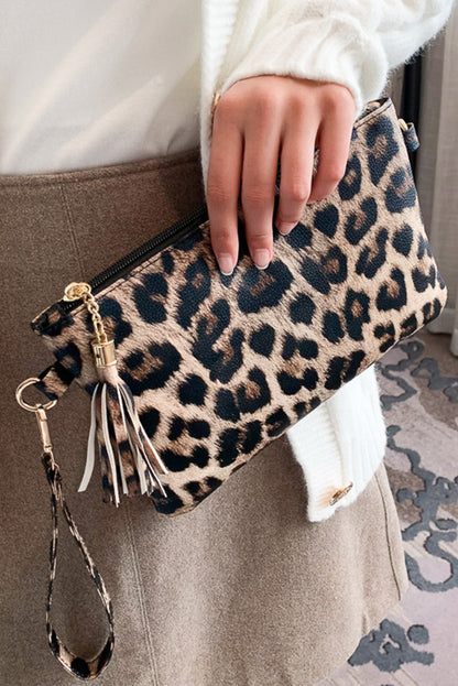 Cartera con cremallera y correa para la muñeca con estampado de leopardo castaño