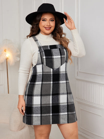 Plus Size Plaid Wide Strap Overall Dress