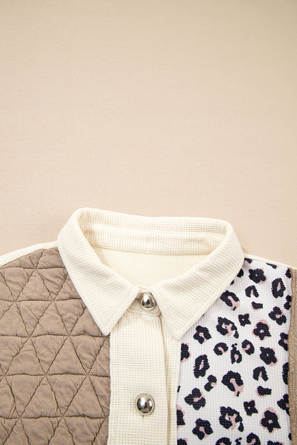 Khaki Leopard Waffle Quilted Patchwork Button Front Jacket