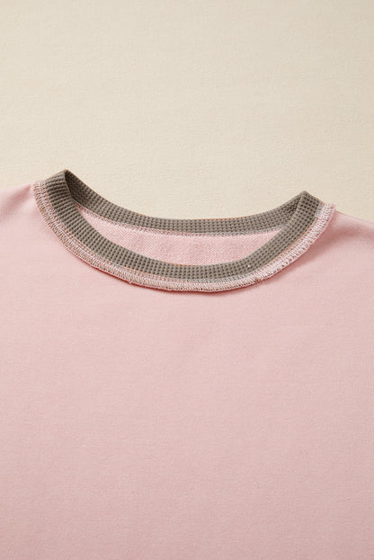 Light Pink Colorblock Waffle Patchwork Oversize Sweatshirt