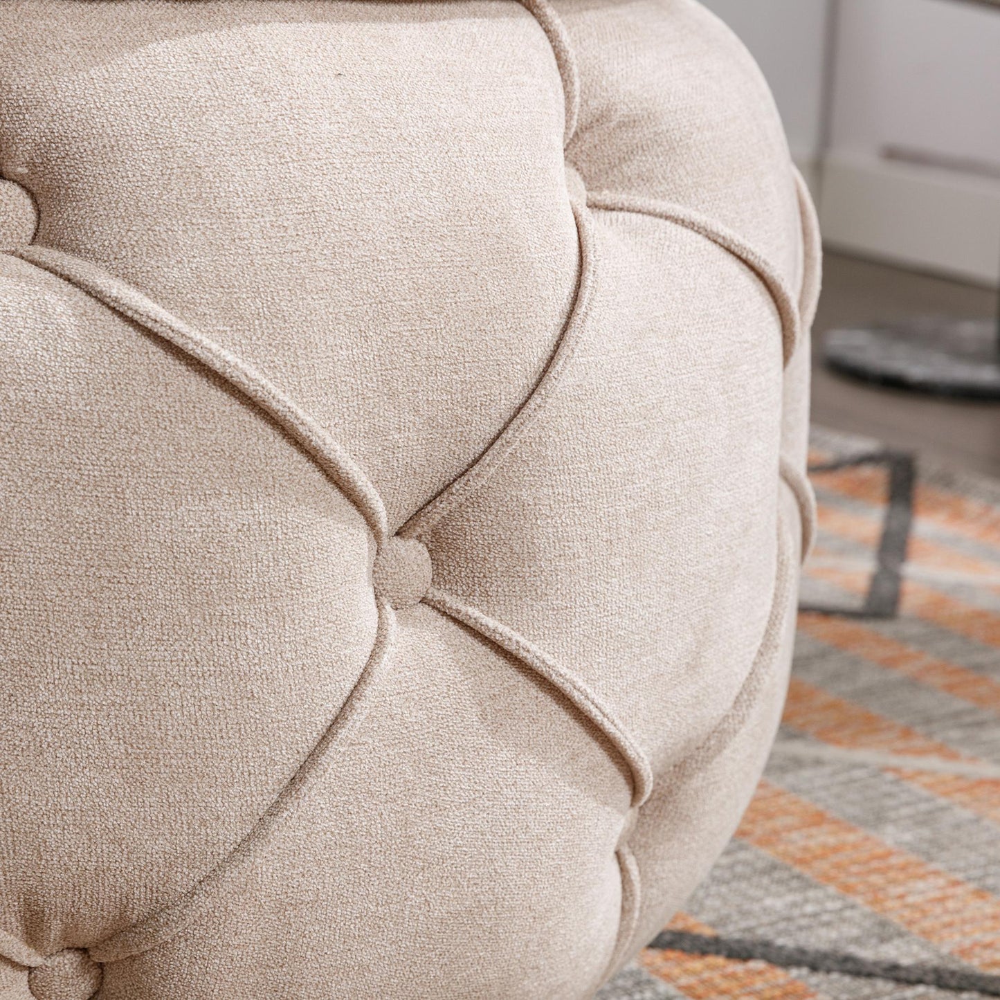 Beige Large Button Tufted Woven Round Storage Footstool