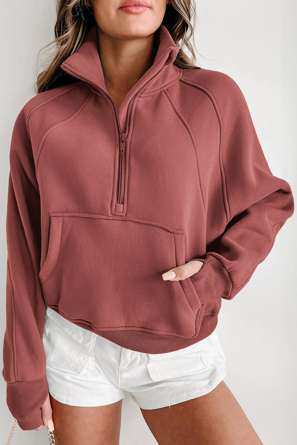 Brown Zip Up Stand Collar Thumbhole Sleeve Sweatshirt