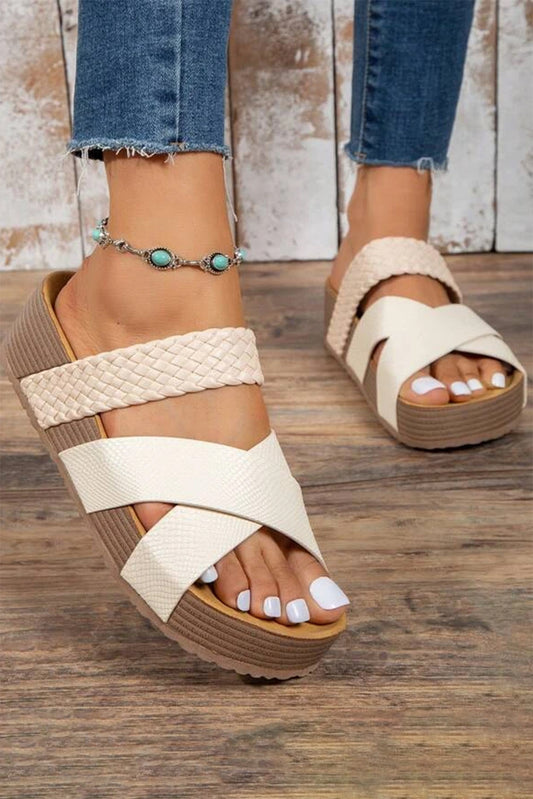 Beige Braided Detail Criss Cross Platform Sandals