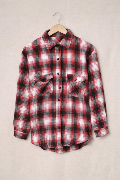 Button Up Collared Flannel Shirt Shacket with Flap Pockets