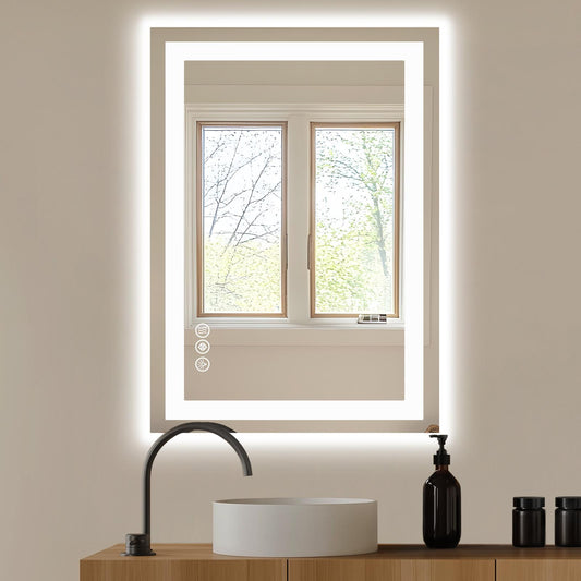 24"x32" Anti-fog LED Bathroom Mirror w/ Dual Light Source & Three Lighting Modes