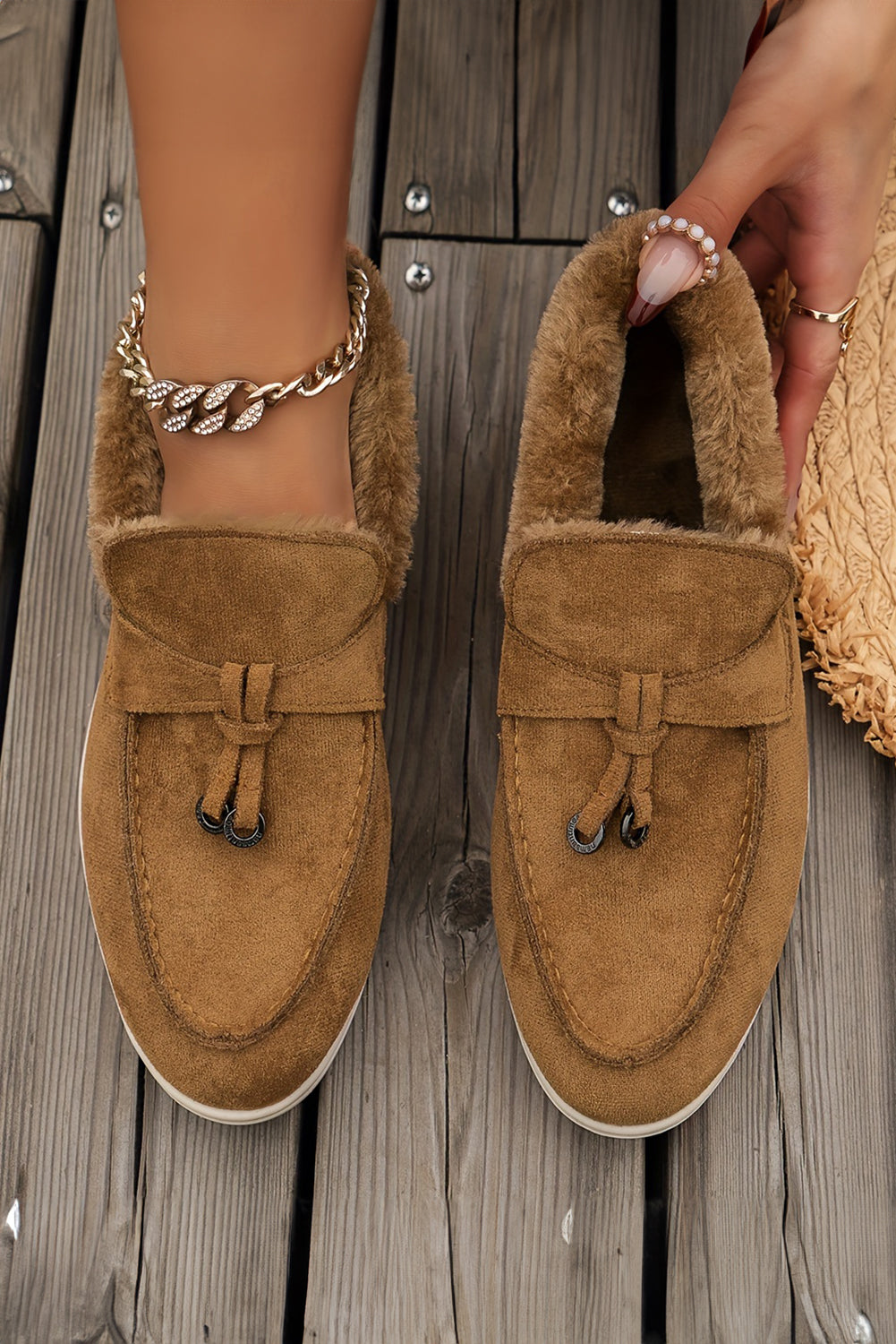 Chestnut Suede Furry Lined Slip On Flat Shoes