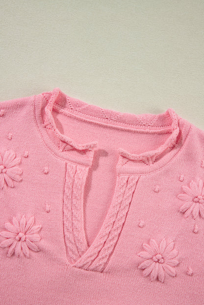 Flower Pattern Knitted Notched Neck Sweater