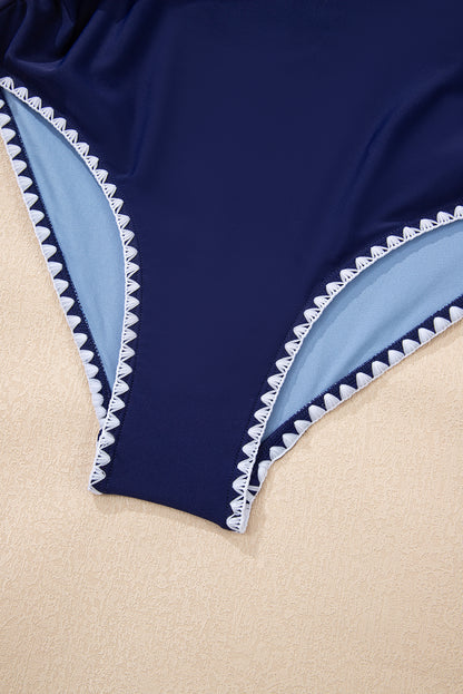 Beau Blue Ric Rac Trim Contrasted Patchwork Cutout One Piece Swimsuit