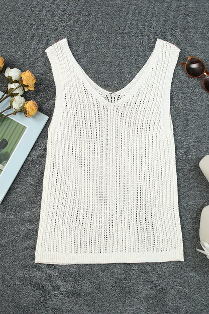 Khaki Hollowed Knit V Neck Tank Top