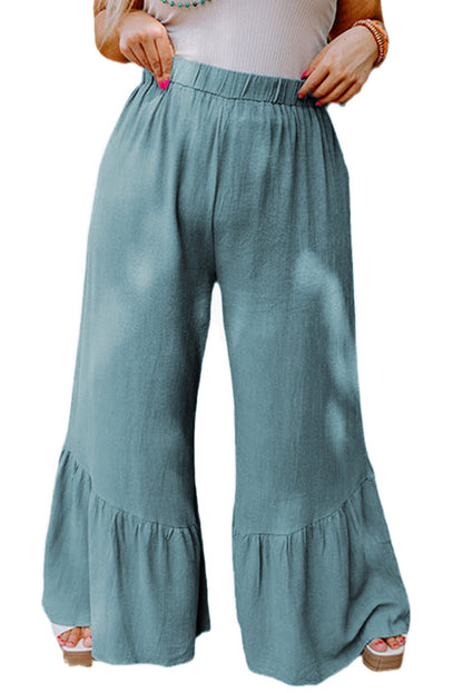 Pantalones anchos de pierna ancha con volantes y cintura alta de talla grande azul cielo