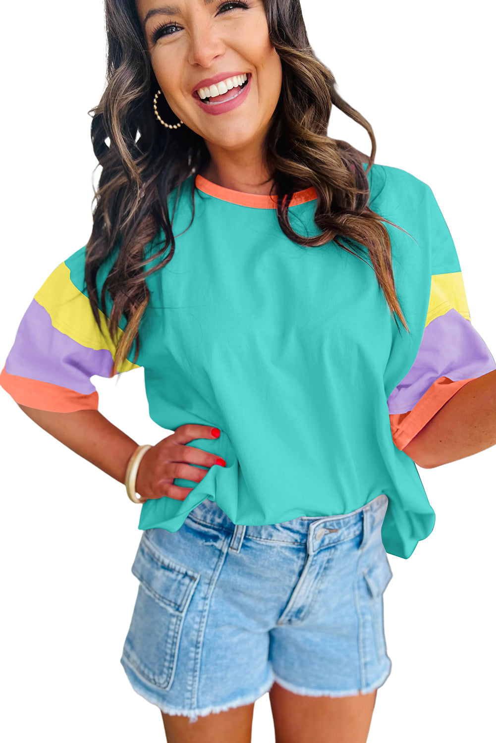 Green Color Block Sleeve Round Neck Oversize Top