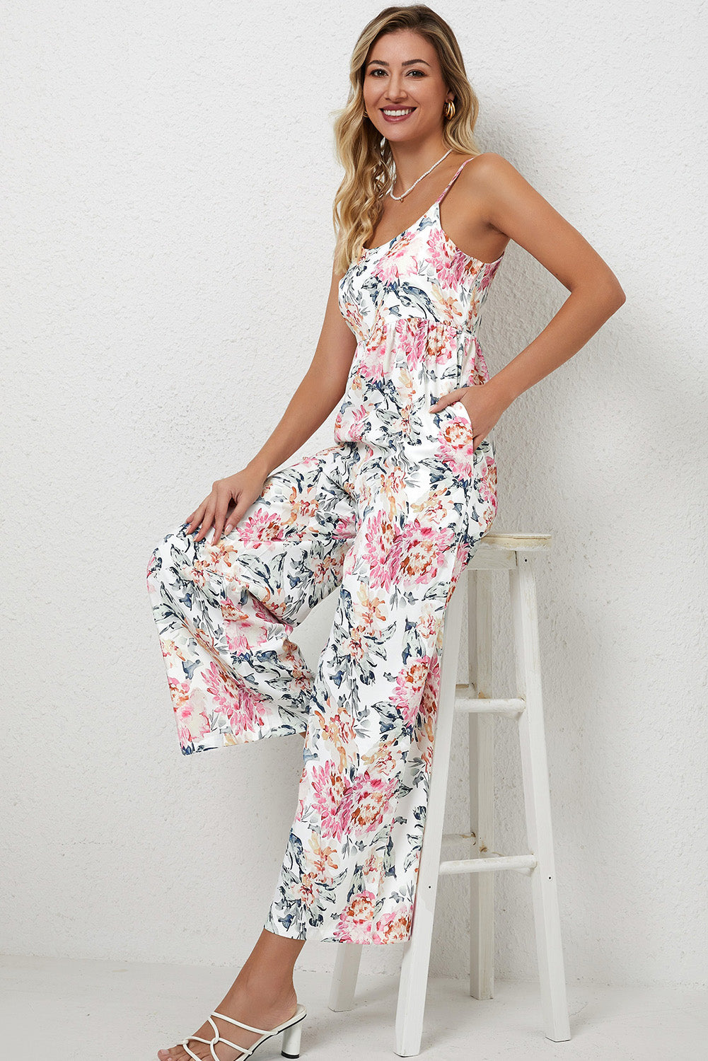 White Floral Spaghetti Straps Wide Leg Jumpsuit