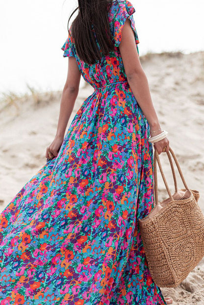 Blue Boho Floral Print V Neck Wrap Split Maxi Dress