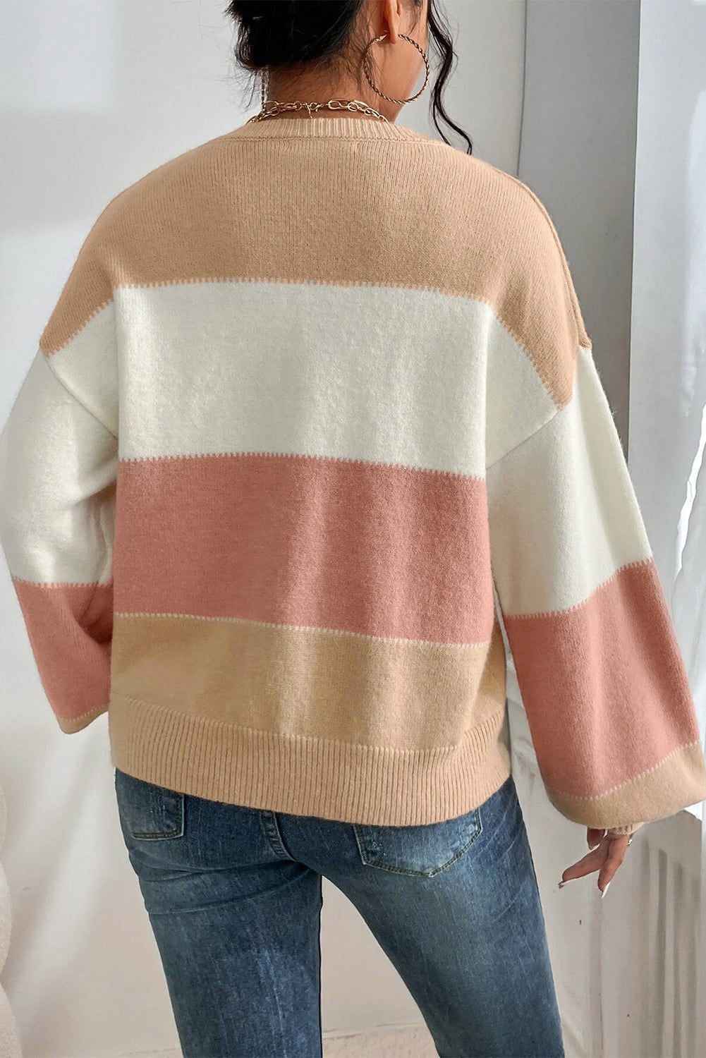 Dusty Pink Color Block Drop Shoulder Sweater