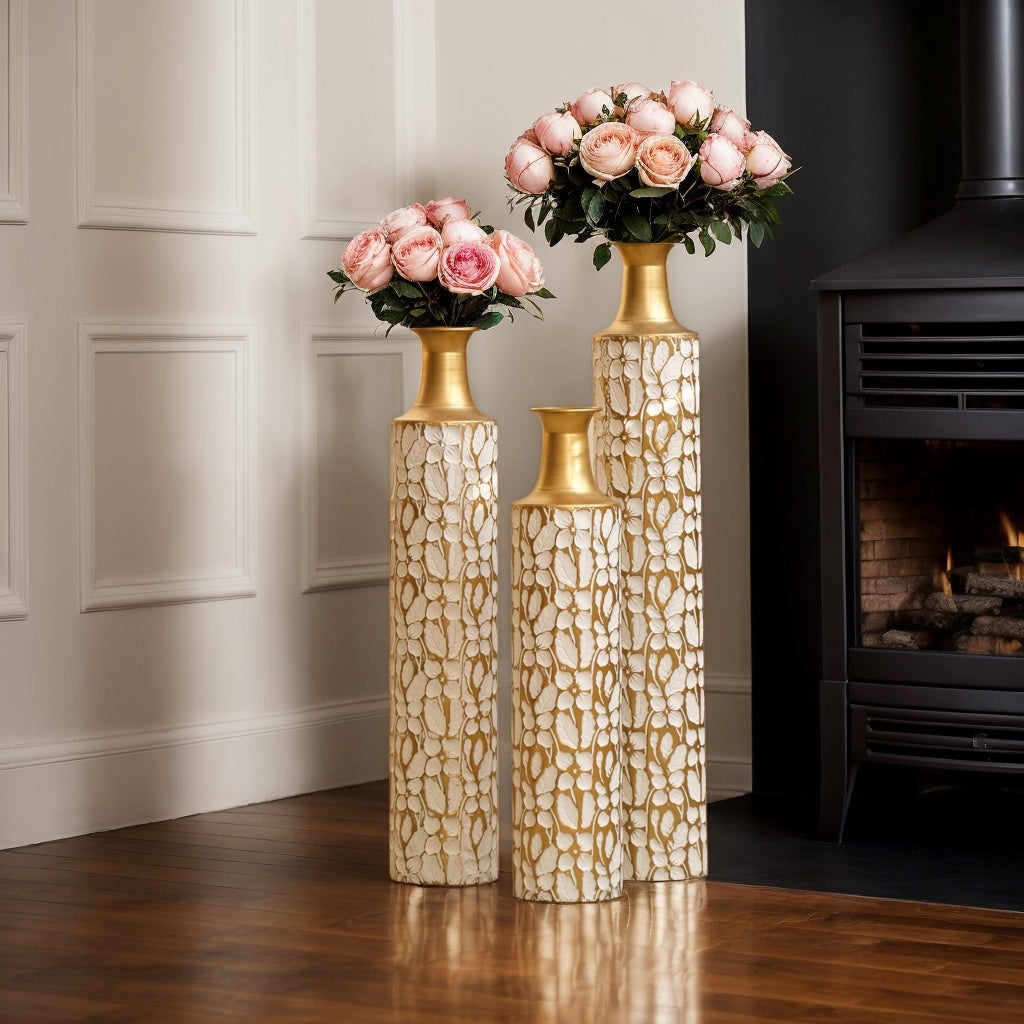 Set of 3 Large White & Gold Floor Vases