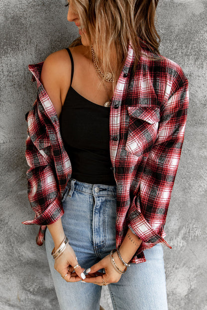 Button Up Collared Flannel Shirt Shacket with Flap Pockets