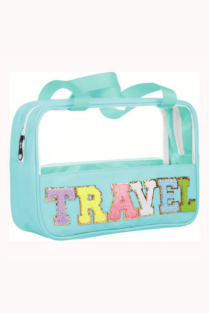 Bolsa de maquillaje de PVC transparente con letras de chenilla de TRAVEL negra