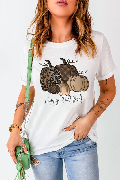 White Casual Happy Fall Pumpkin Print Graphic Tee