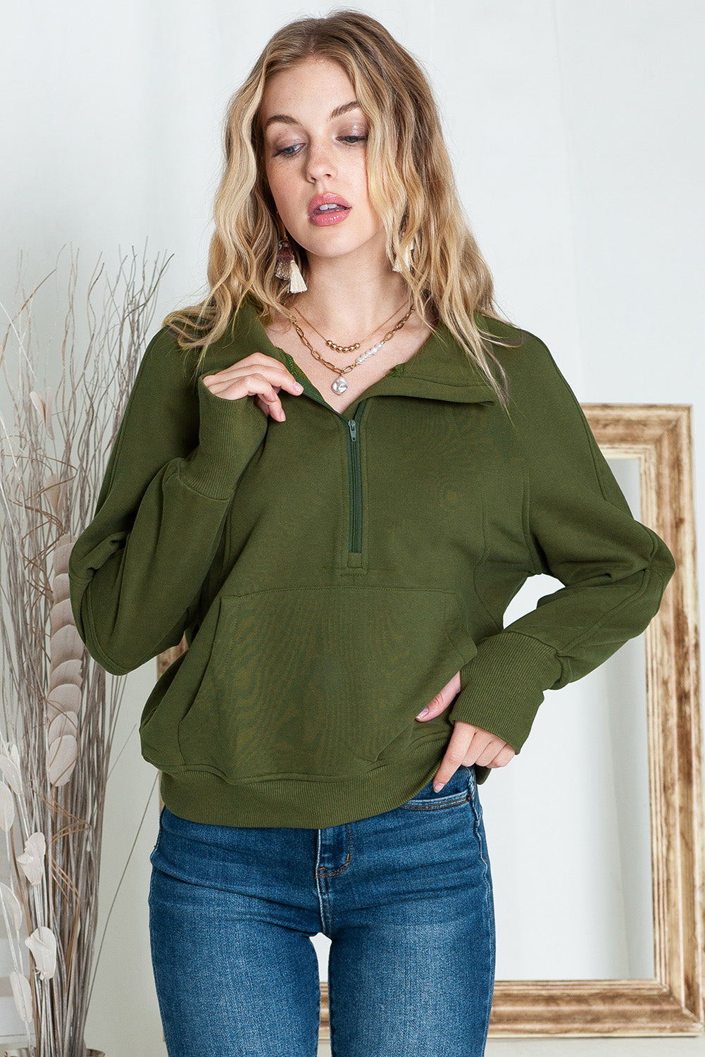 Zip Up Thumbhole Sleeve Sweatshirt