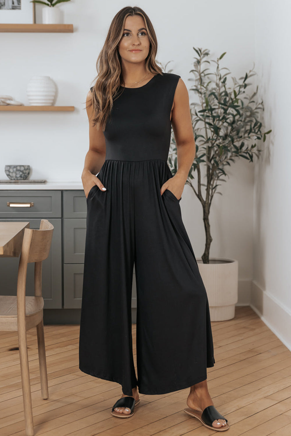 Black Solid Color Open Back Sleeveless Wide Leg Jumpsuit