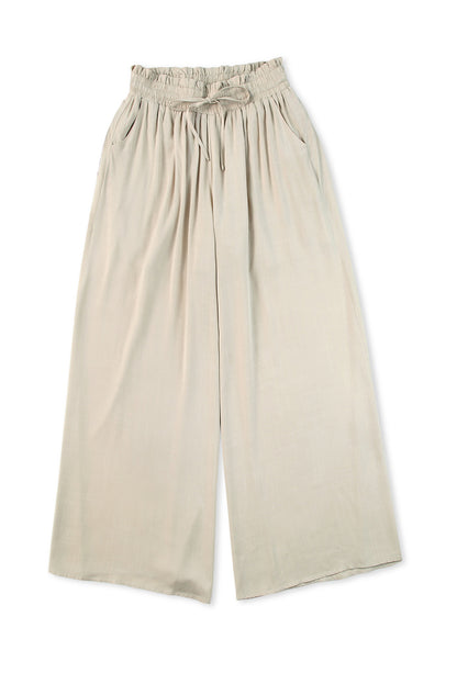 Pantalones anchos de cintura alta con cordón fruncido beige