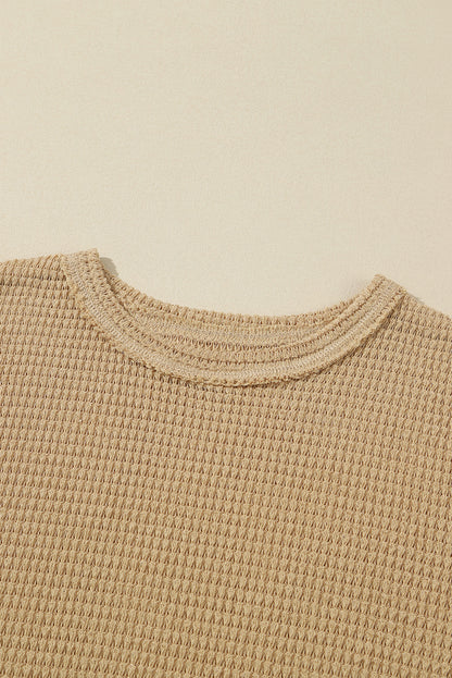 Waffle Knit Drop Sleeve High Slits Oversized Top