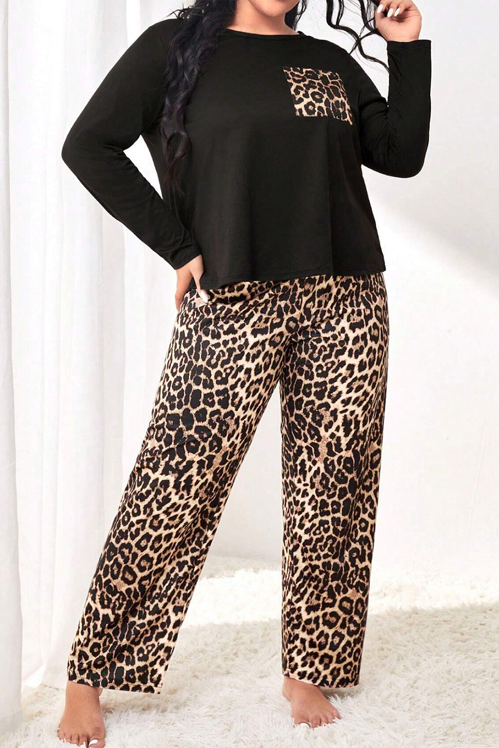 Black Leopard Patched Pocket Long Sleeve Top Plus Size Pajama Set