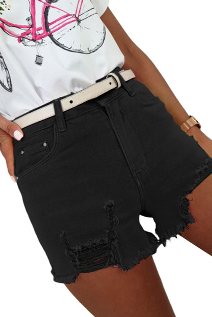 Black Solid Color Distressed Denim Shorts