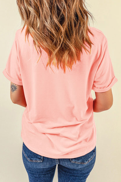 Camiseta rosa con cuello redondo y gráfico FOREVER CHASING SUNSET