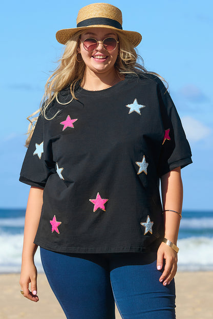 Camiseta de talla grande con estampado de estrellas de chenilla y lentejuelas negras