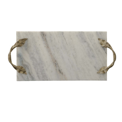 White & Gold Decor Tray w/ Marble Frame & Carved Metal Handles