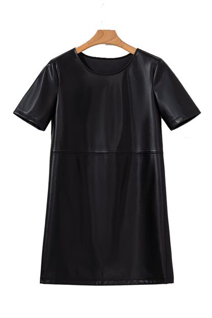 Black Solid Color Faux Leather Short Sleeve Mini Dress