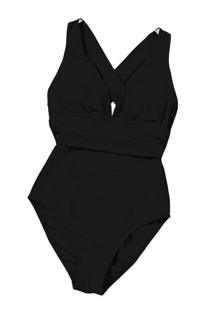 Monokini de corte alto fruncido sin espalda cruzado con cuello en V profundo negro