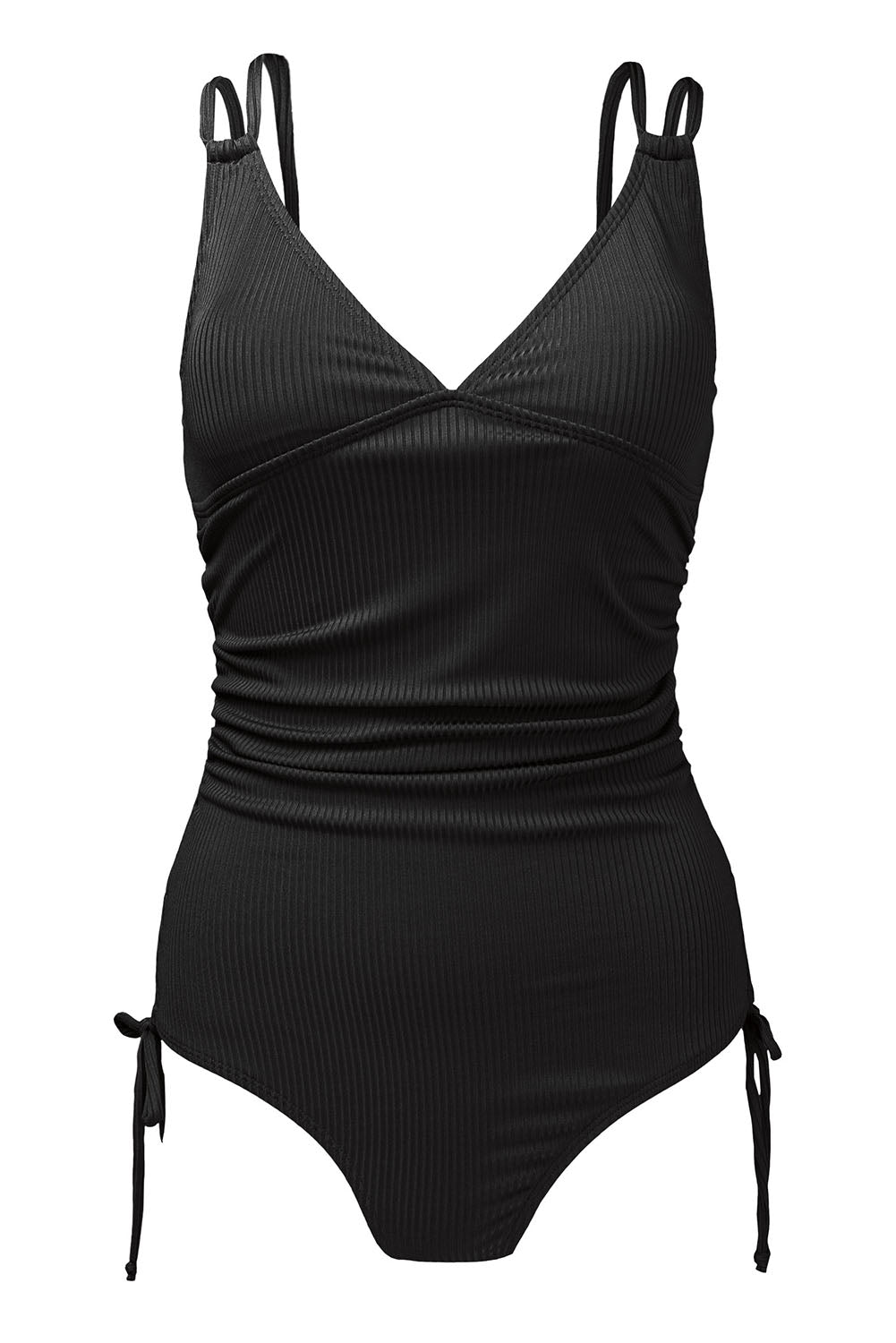 Black Adjustable Straps Ribbed Knit Backless One Piece Swimsuit