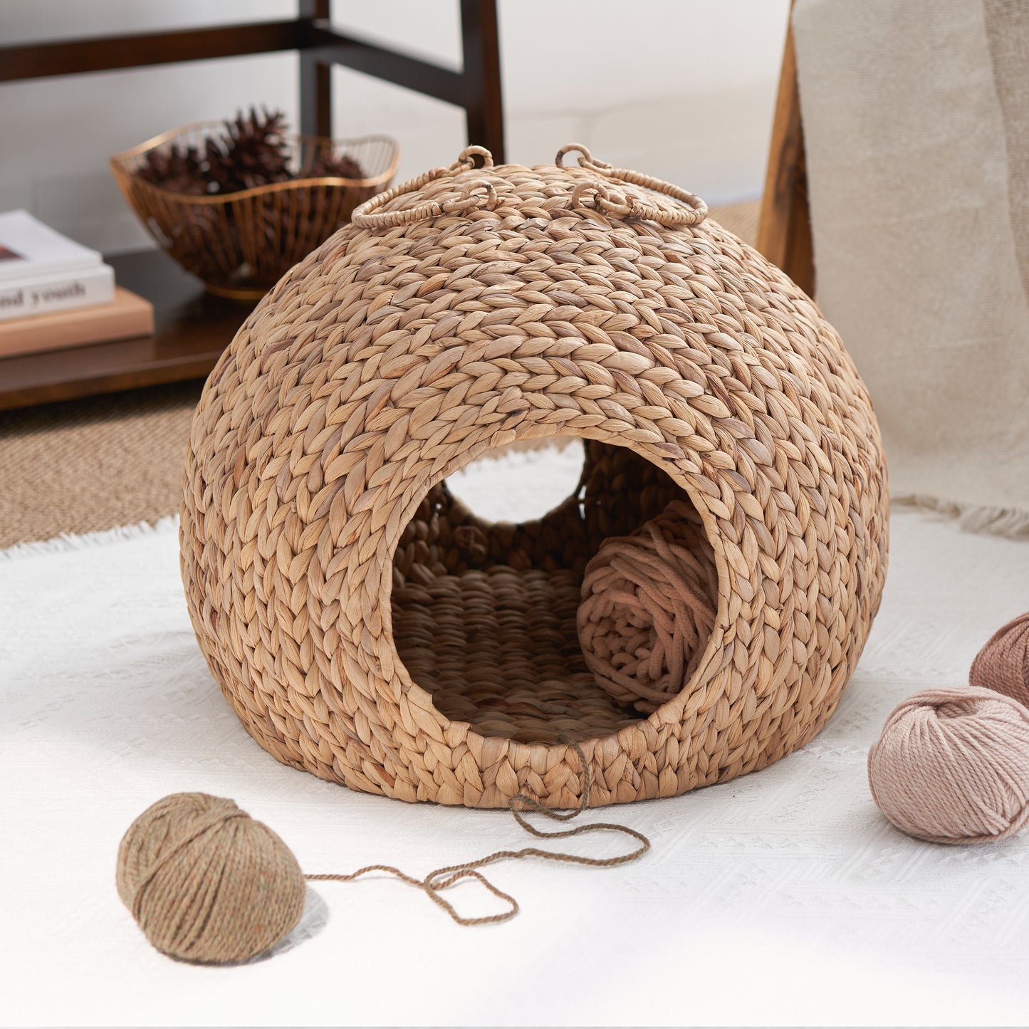 Woven Round Cat Bed Cave w/ Handles