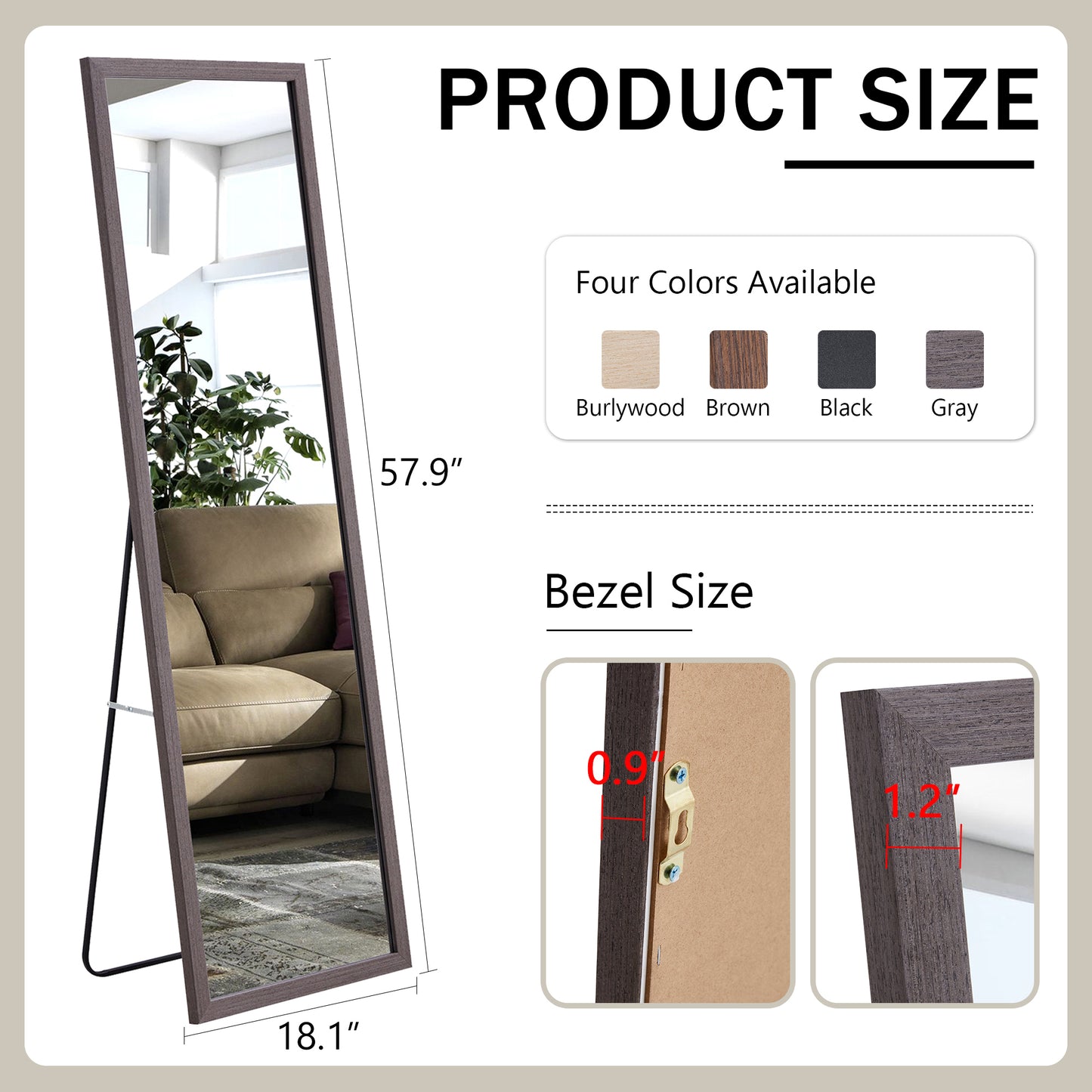 Gray Solid Wood Frame Full-Length Mirror