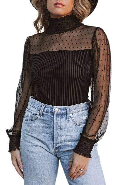 Sheer Dotty Puff Sleeve Ribbed Velvet Bodysuit