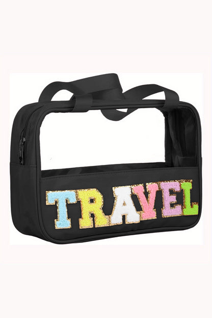 Bolsa de maquillaje de PVC transparente con letras de chenilla de TRAVEL negra