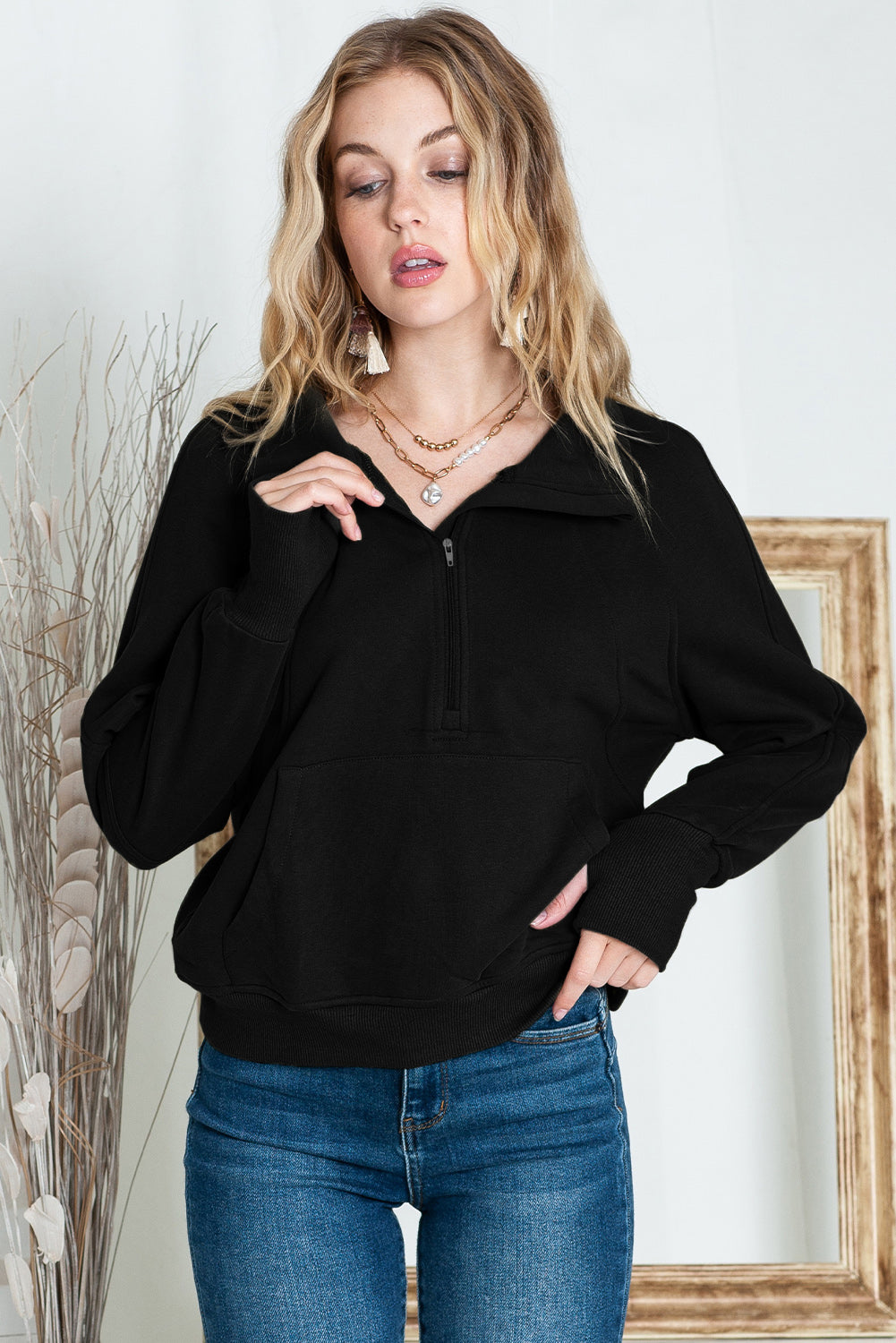 Zip Up Thumbhole Sleeve Sweatshirt