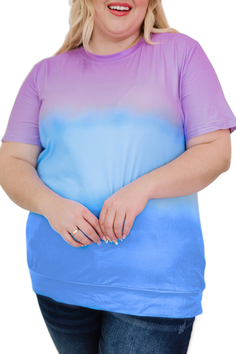 Camiseta informal de talla grande con bloques de color teñido anudado y cuello redondo morado