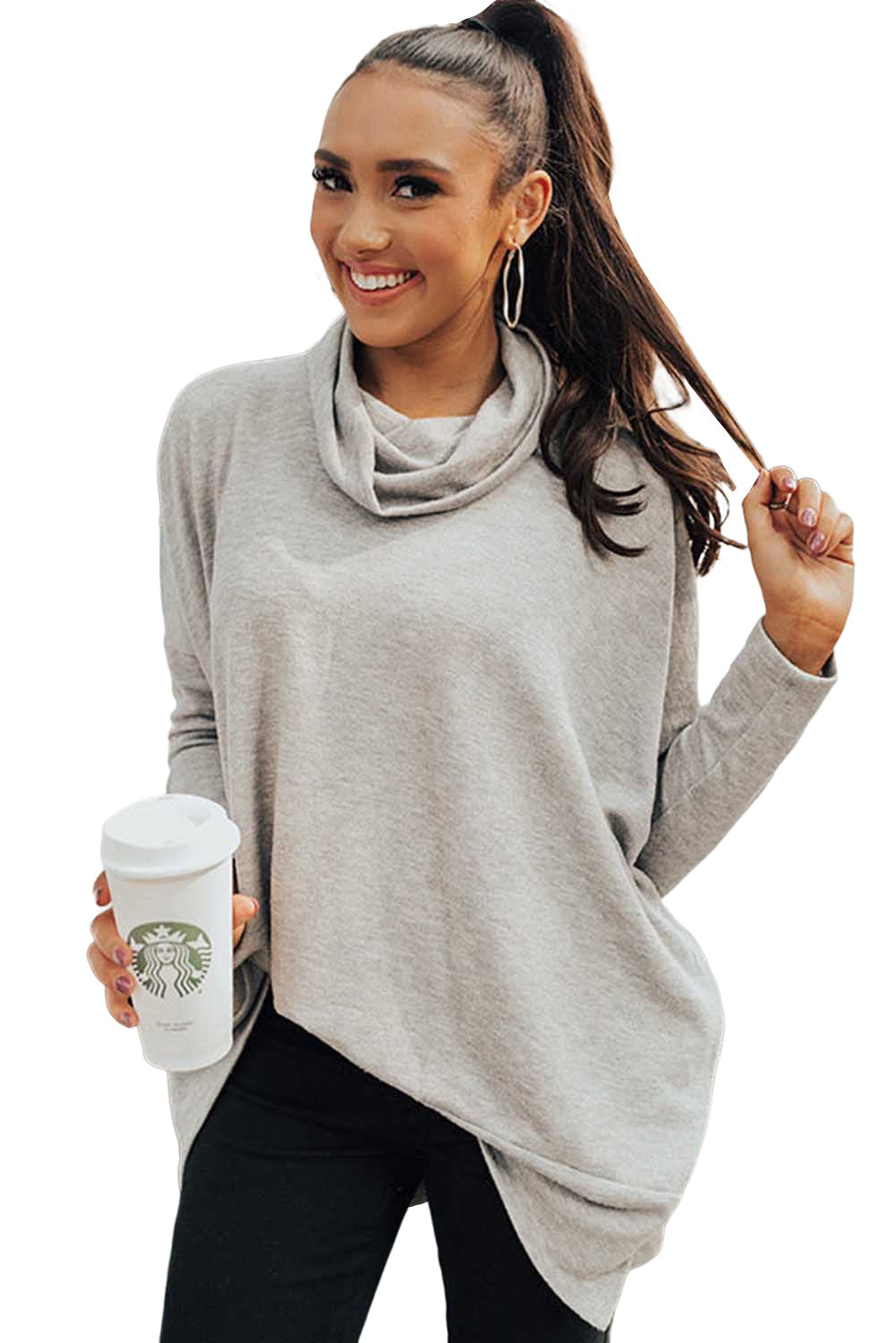 Cowl Neck Loose Fit Tunic Long Sleeve Top