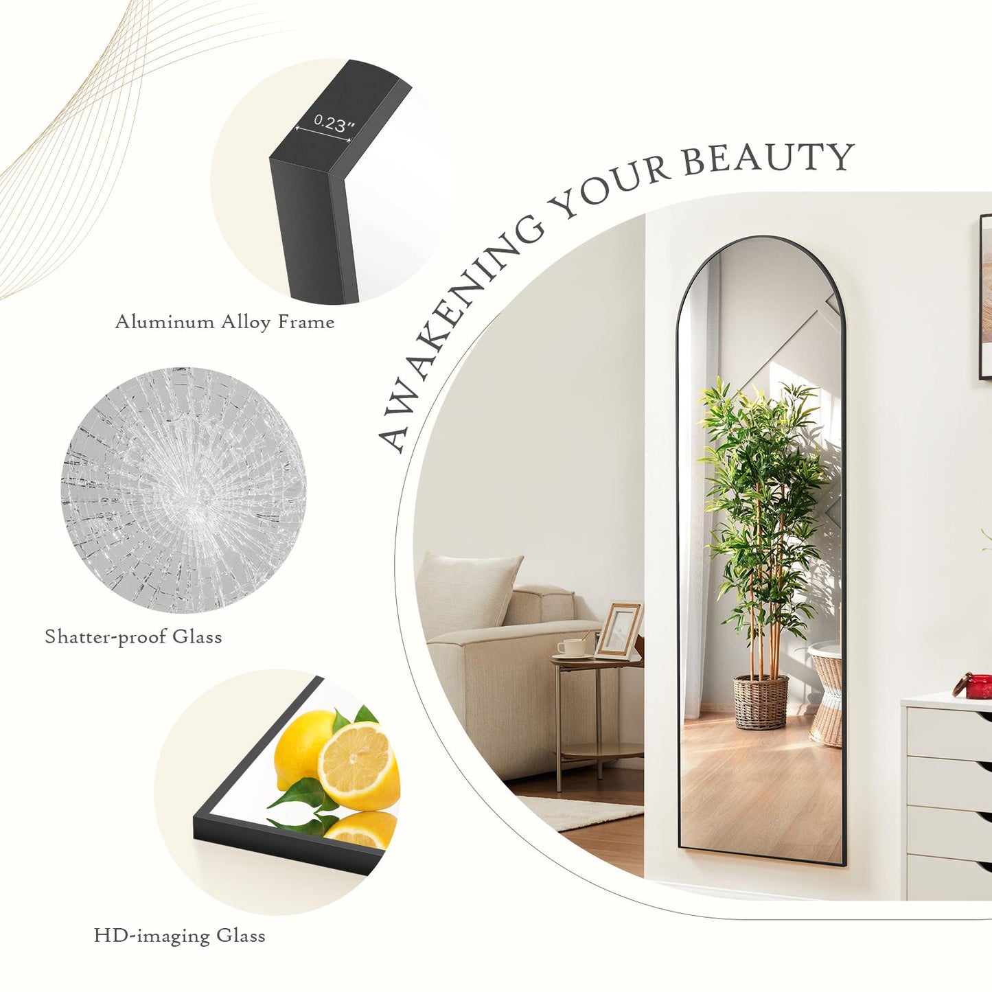 Black Arched Full Length Floor Mirror 21"x64"