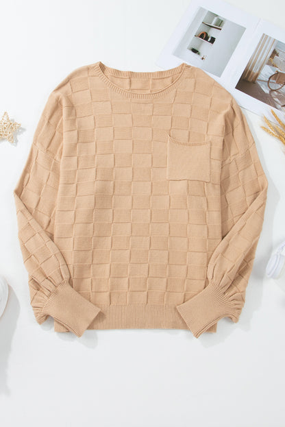 Light French Beige Solid Checkered Textured Knit Plus Size Sweater