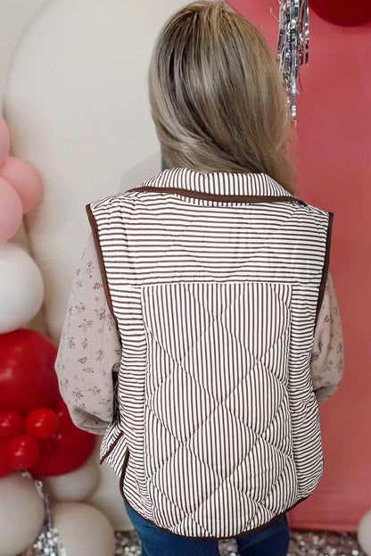 Brown Stripe Snap Button Scalloped Hem Collared Winter Vest