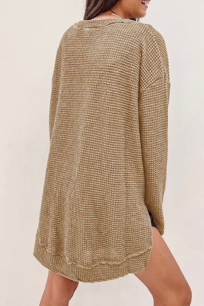 Waffle Knit Drop Sleeve High Slits Oversized Top