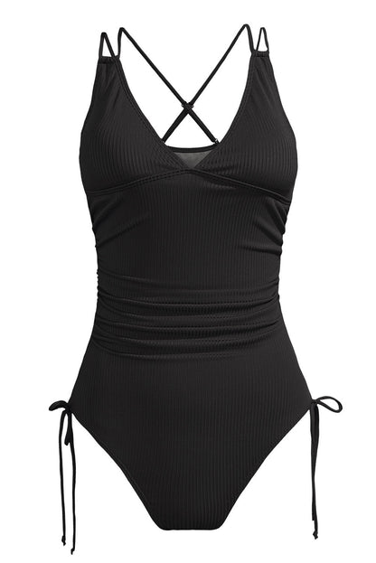 Black Adjustable Straps Ribbed Knit Backless One Piece Swimsuit