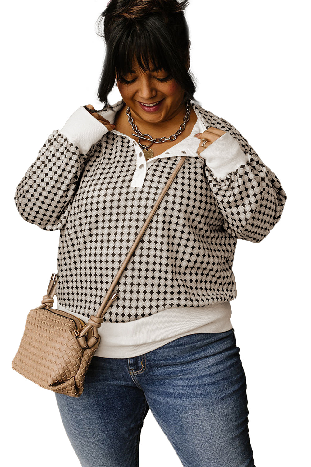 Black Two Tone Collared Plus Size Pullover Sweatshirt